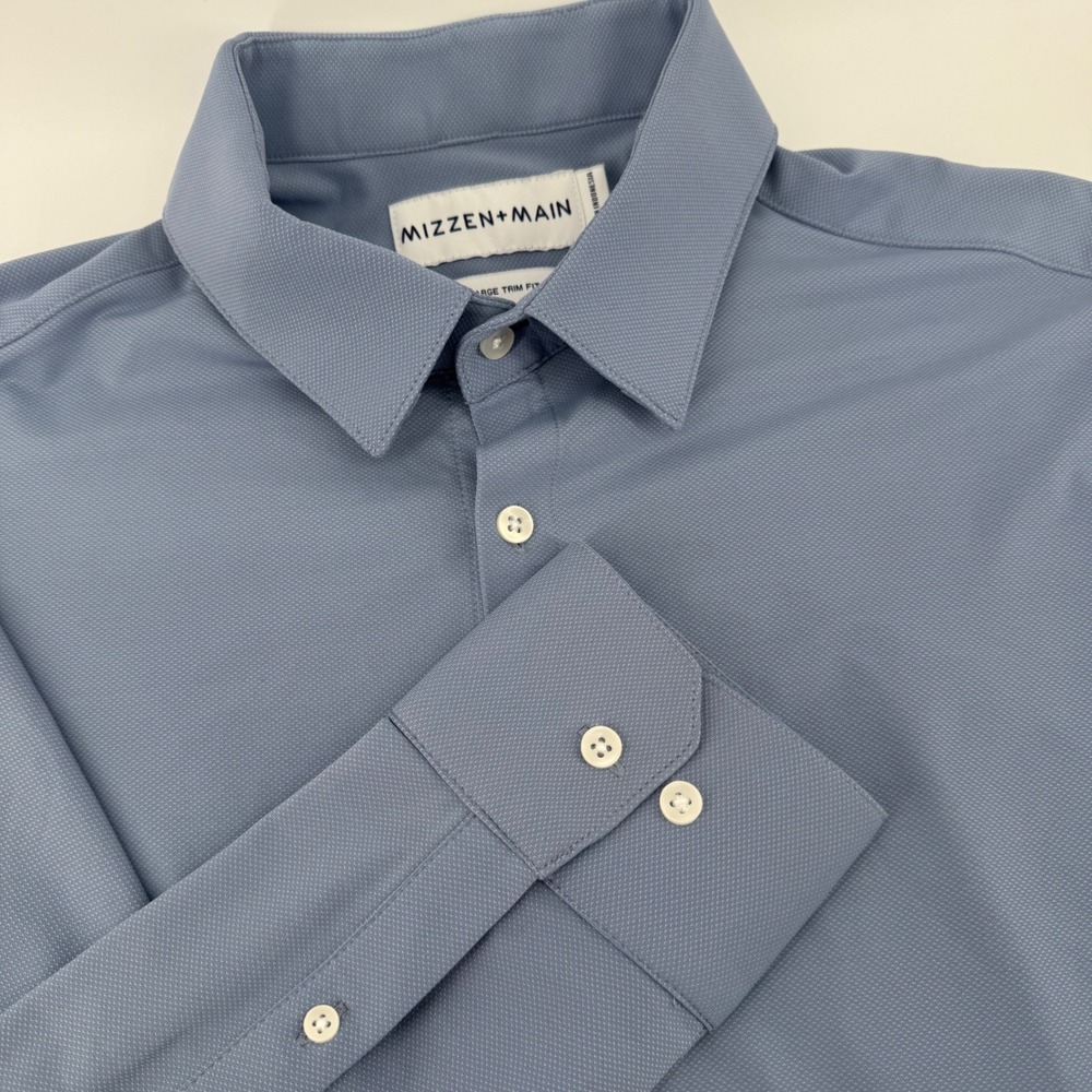 Mizzen+Main Mens Large Trim Fit Blue Spinnaker Performance Dress Shirt Stretch